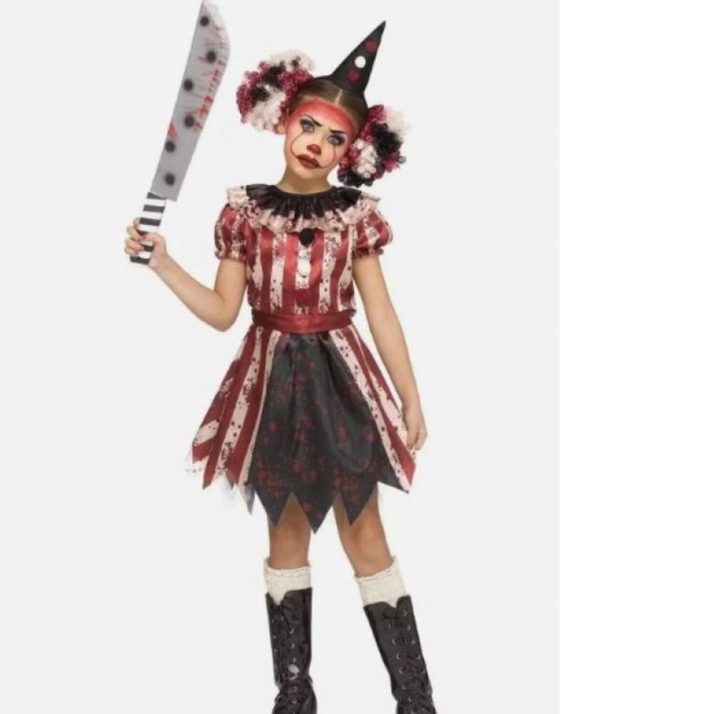 Clown Harlequin Halloween Costume 12/14 Jester 3 Pc Dress, Collar, Hat Girls